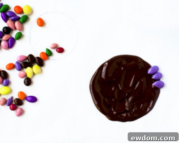 Step-by-step creation of chocolate sunflower seed medallions: filling a chocolate circle and arranging seeds from outside-in