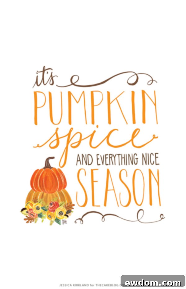 Embrace the cozy vibes of autumn with 'It's Pumpkin Spice Season' artwork. This free printable 8x10 art is perfect for fall decor and also available as a beautiful smartphone and desktop wallpaper. An exclusive design by Jessica Kirkland for TheCakeBlog.com.