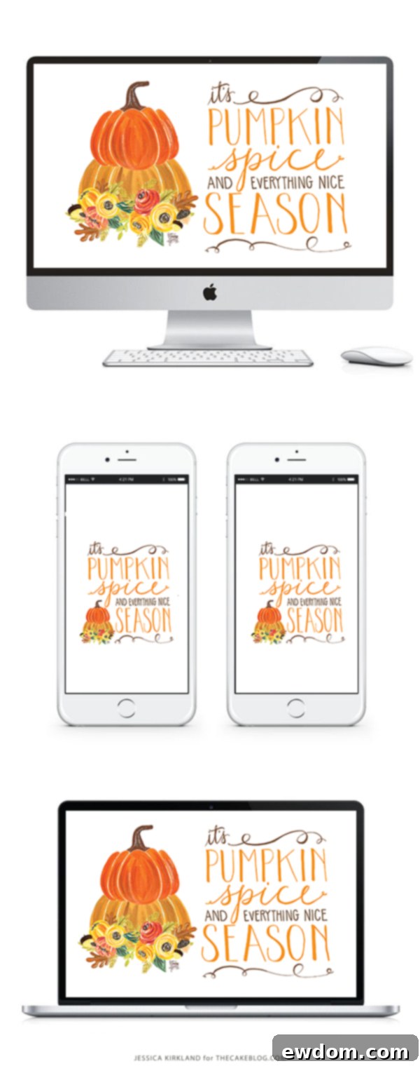 Experience the joy of autumn with this stunning free printable art and digital wallpaper from Jessica Kirkland. 'It's Pumpkin Spice Season' is perfect for smartphone, iPad, desktop, and as an 8x10 print, exclusively for TheCakeBlog.com readers.