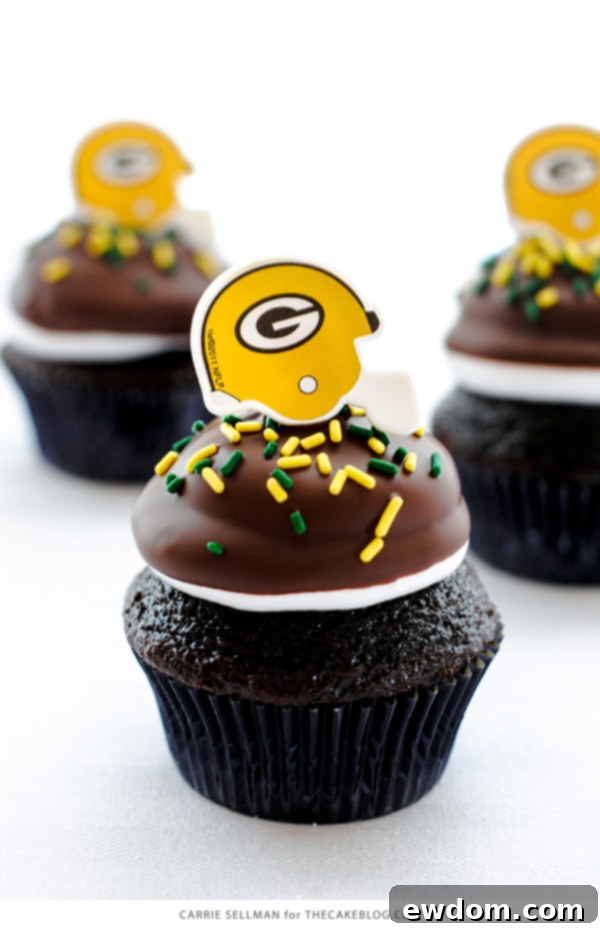 Touchdown Treat Cupcakes 3 NFL Game Day Cupcakes | chocolate cupcakes with fluffy marshmallow frosting and dipped in chocolate. Perfect for football tailgating and homegating.