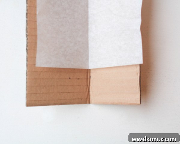 Preparing V-shaped cardboard with parchment paper for butterfly assembly