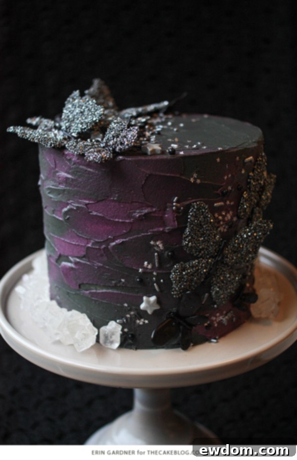 Side view of the decorated Black Butterfly Cake for Halloween