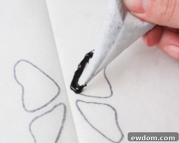 Piping melted black candy melts to create butterfly wing outlines