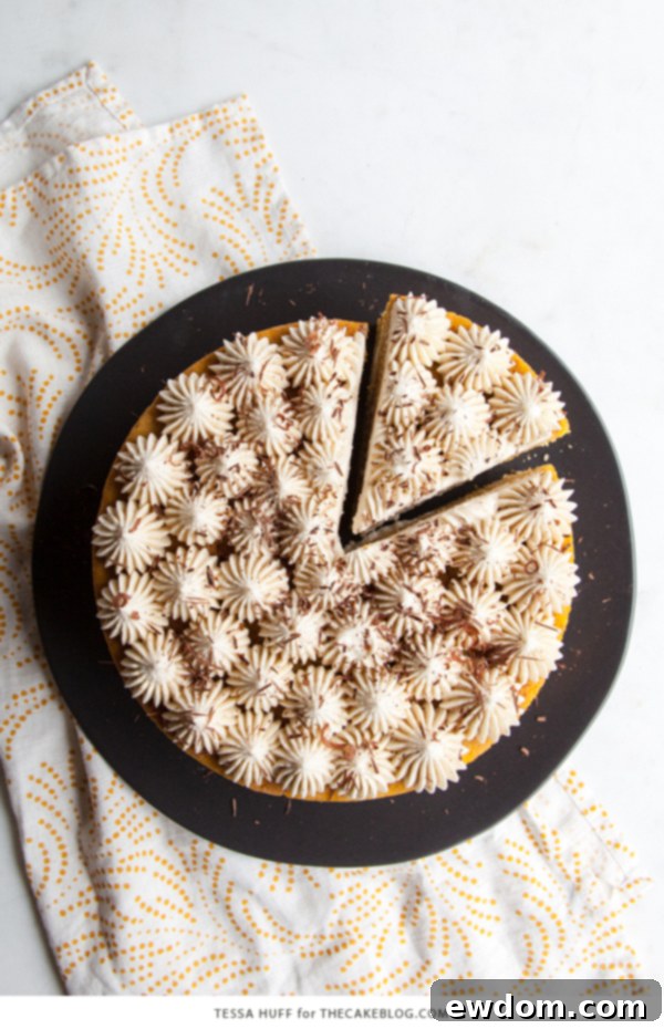 Pumpkin Tiramisu Cake - pumpkin spice cake soaked with coffee liqueur, fluffy mascarpone frosting and chocolate shavings | Tessa Huff for TheCakeBlog.com