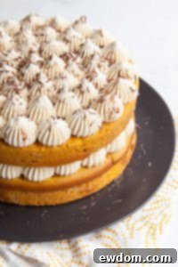 Pumpkin Tiramisu Cake - pumpkin spice cake soaked with coffee liqueur, fluffy mascarpone frosting and chocolate shavings | Tessa Huff for TheCakeBlog.com