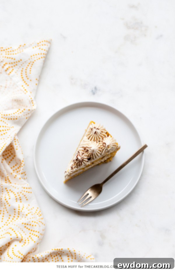 Pumpkin Tiramisu Cake - pumpkin spice cake soaked with coffee liqueur, fluffy mascarpone frosting and chocolate shavings | Tessa Huff for TheCakeBlog.com