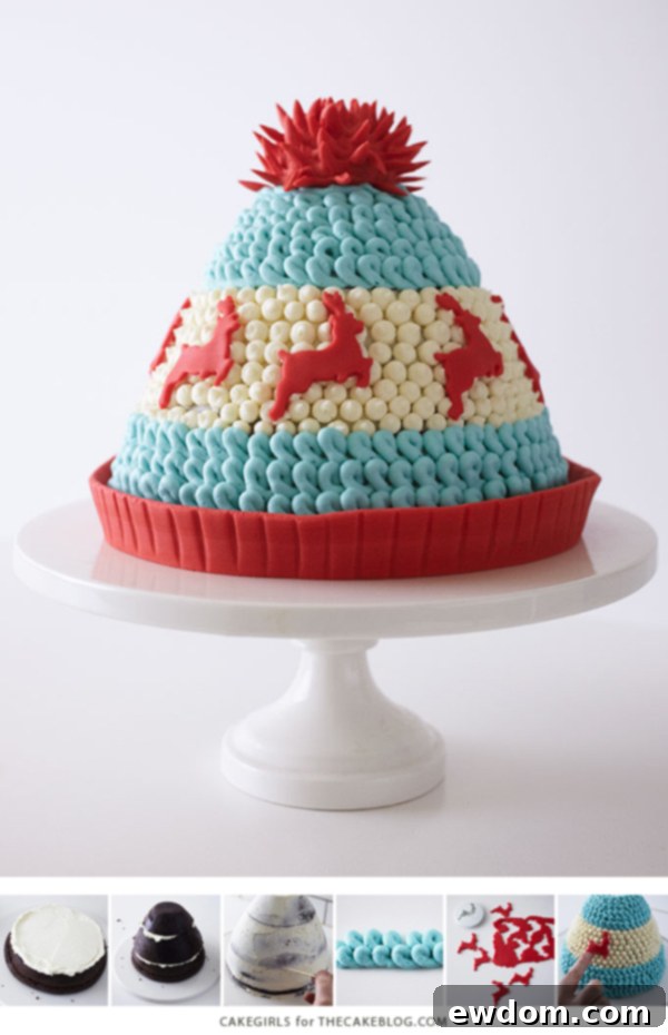 Stunning Winter Hat Cake, showcasing intricate buttercream texture that mimics a cozy knitted design