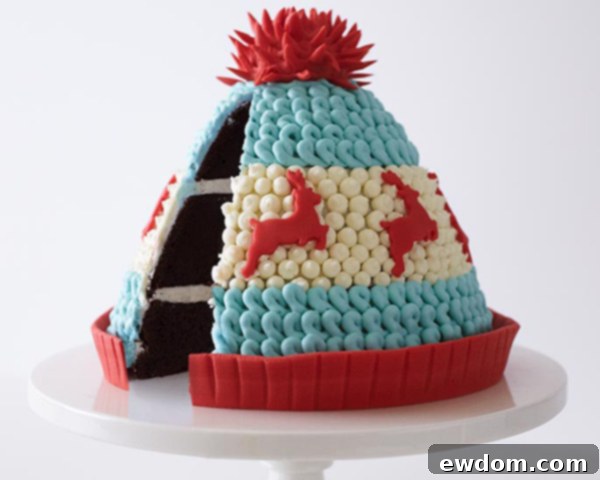 Close-up of the Winter Hat Cake, highlighting the charming piped buttercream details