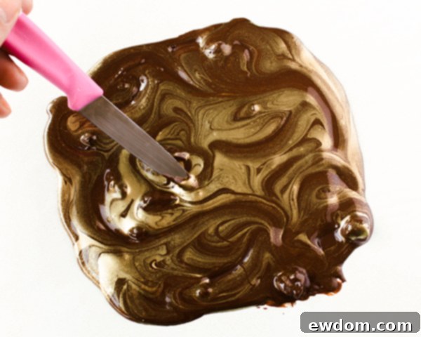 Adding sprinkles and edible stars to melted chocolate for decorative cake shards, by Erin Gardner