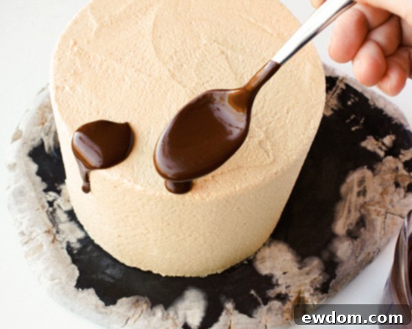 Applying ganache drips to the edge of a chilled cake using a spoon, tutorial by Erin Gardner