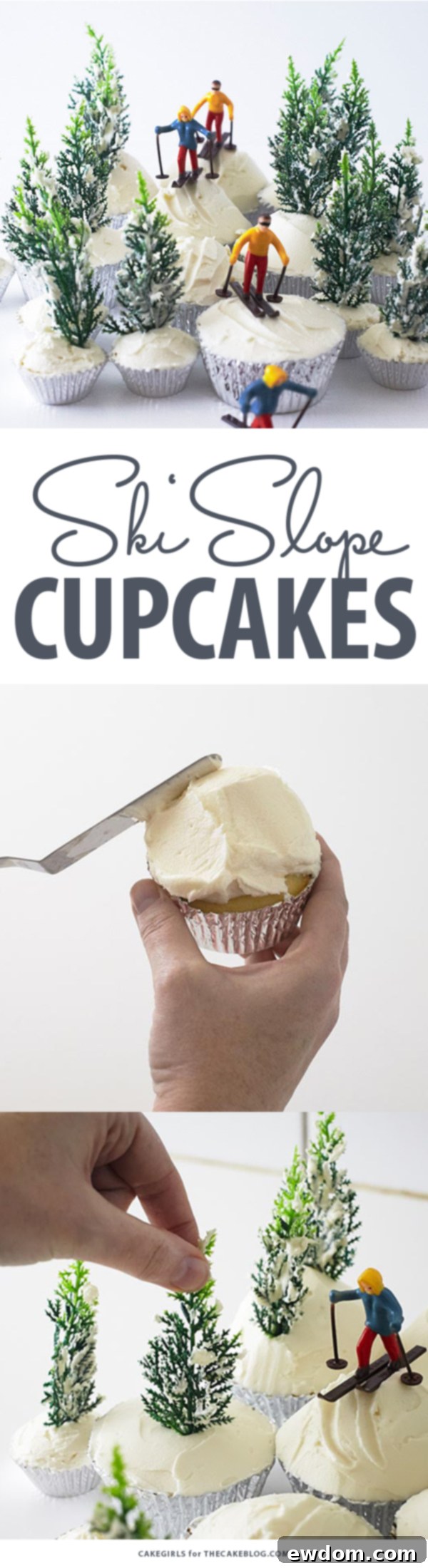 Beautifully decorated Ski Scene Cupcakes arranged to form a snowy mountain landscape, perfect for winter themed parties and celebrations.