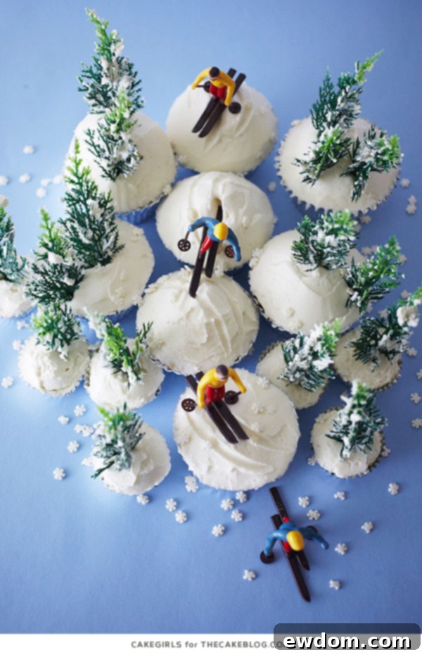 Another close-up of the Ski Scene Cupcakes, highlighting the texture of the buttercream snow and the miniature details.