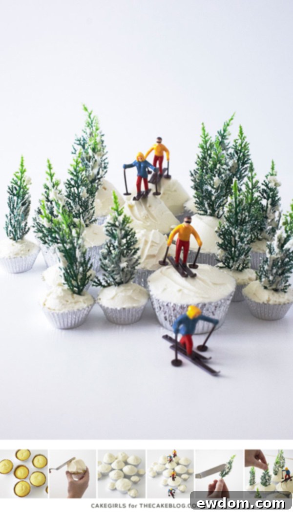 Close-up of a finished Ski Scene Cupcake display, showcasing miniature skiers and trees on a buttercream snowy hill.