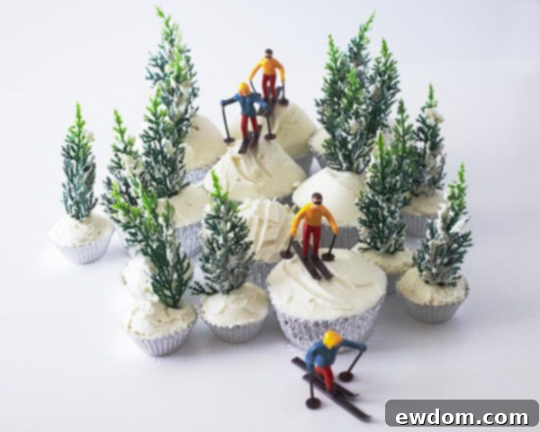 Overhead view of the Ski Scene Cupcakes, demonstrating the overall layout and arrangement of the edible winter landscape.