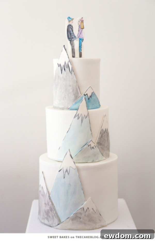 Adorable Illustrated Ski Adventure Winter Cake by Sweet Bakes | TheCakeBlog.com