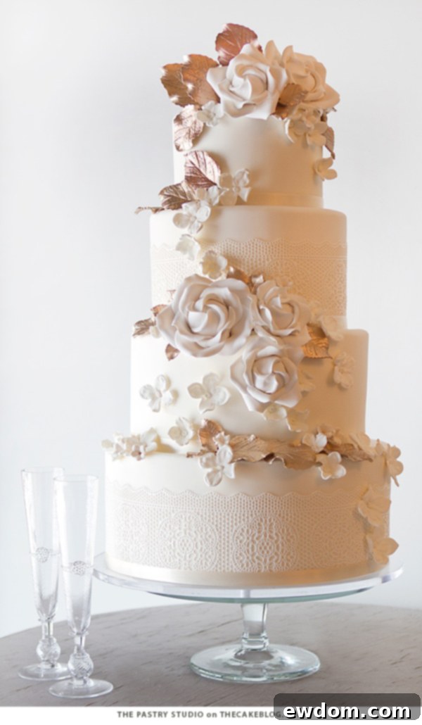 Sophisticated Rose Gold and Delicate Lacework Winter Cake by The Pastry Studio | TheCakeBlog.com