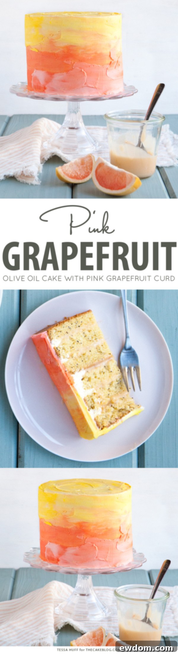 Pink Grapefruit Cake. A light olive oil cake filled with grapefruit curd and frosted with whipped vanilla buttercream - perfect for spring brunches, showers and birthdays | by Tessa Huff for TheCakeBlog.com