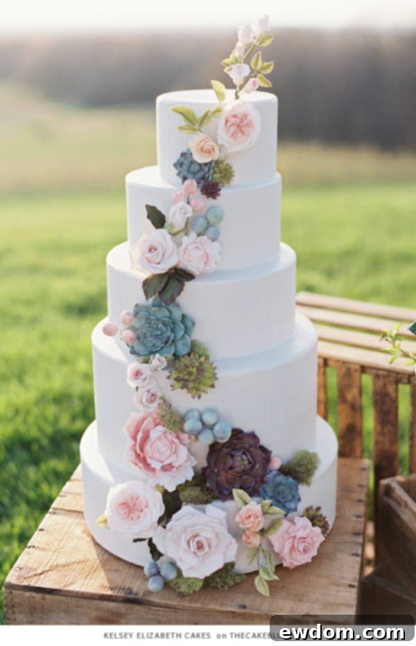 Kelsey Elizabeth Cakes: Spring Wedding Cake with Soft Pink Blooms, Mossy Greens, and Succulents