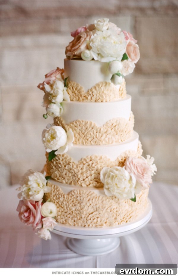 Intricate Icings: Spring Wedding Cake with Half Moon Ruffle and Graduated Tiers