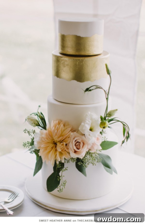 Sweet Heather Anne: Creamy White Wedding Cake with Gold Stripe and Artfully Arranged Florals