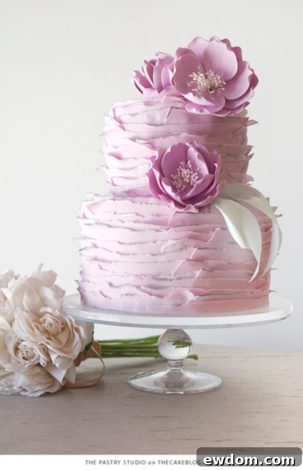 The Pastry Studio: Delicate Lavender Tone-on-Tone Spring Cake with Silver Detailing and Frills