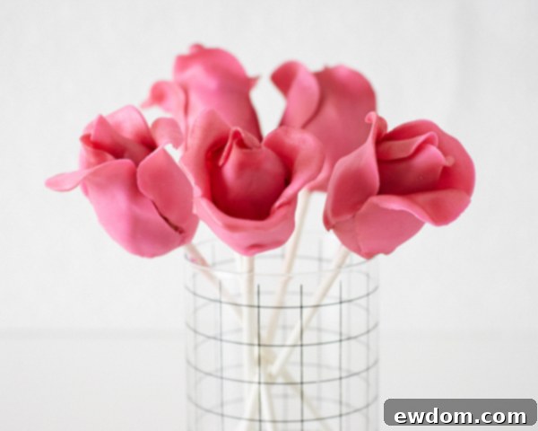 Blossom Cake Pops 5 Beautifully finished DIY Rose Cake Pops, ready to be gifted or displayed as an adorable and unique dessert.