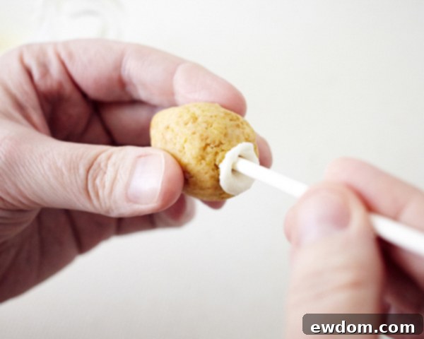 Blossom Cake Pops 10 Firmly inserting a candy-coated stick into a chilled cake pop teardrop.