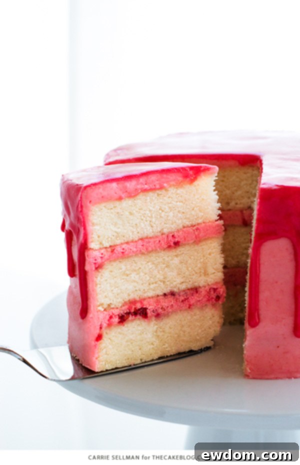 Pink Champagne Raspberry Dream 7 A stunning side view of the three-layer Raspberry Champagne Cake, exquisitely frosted and decorated, ready to be served.