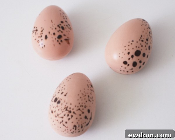 Finished speckled chocolate eggs, ready to adorn the Easter Nest Cake.