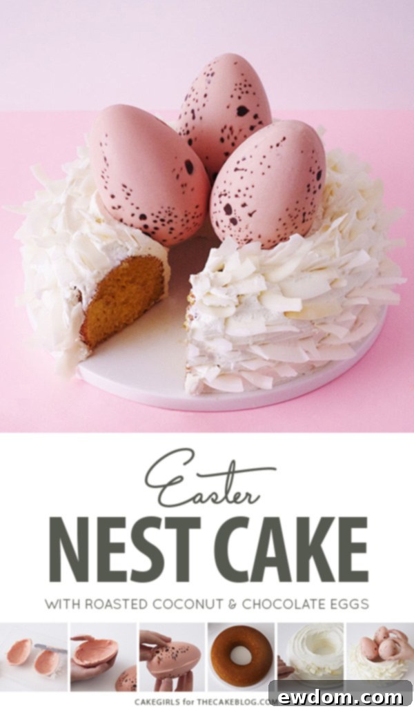 Easter Nest Cake - A beautifully decorated Easter cake with roasted coconut and chocolate eggs, ready for celebration.