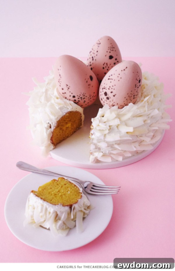 Close-up of the Easter Nest Cake showcasing the textured coconut and delicate speckled eggs.