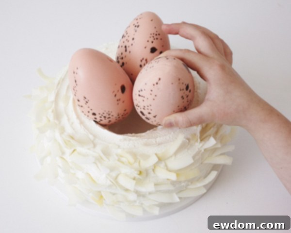 Ingredients for making the Easter Nest Cake, including coconut chips and chocolate eggs.