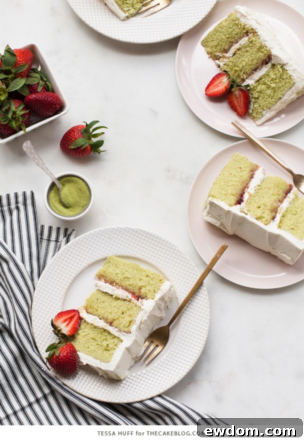 Strawberry Matcha Delight 5 Close-up of the delicate green matcha sponge cake layers before assembly, showing the fine crumb.