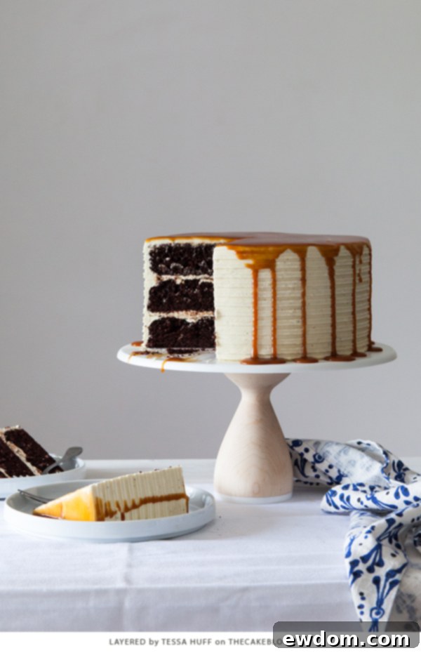 London Fog Cloud Cake 7 Cross-section of the London Fog Cake showing perfect layers of chocolate cake, creamy Earl Grey buttercream, and rich caramel drip