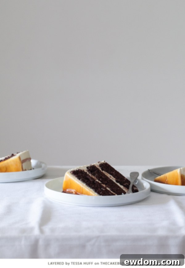 London Fog Cloud Cake 8 Slice of London Fog Cake, highlighting the contrasting layers of dark chocolate and light Earl Grey frosting with caramel