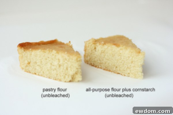 Flour Comparison - side by side comparison of all-purpose, cake flour, pastry flour, bleached and unbleached for cake baking| by Summer Stone for TheCakeBlog.com
