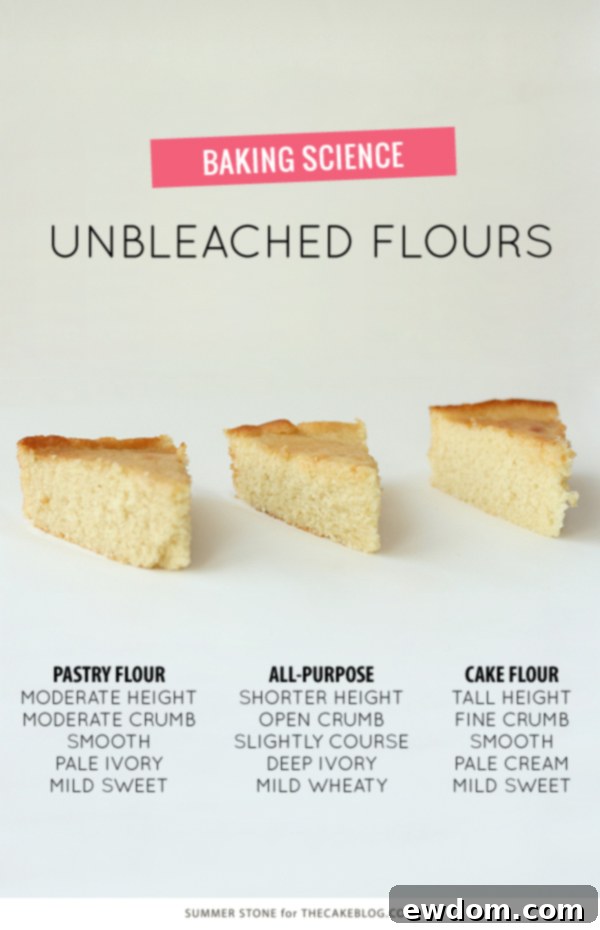 Flour Comparison - side by side comparison of all-purpose, cake flour, pastry flour, bleached and unbleached for cake baking| by Summer Stone for TheCakeBlog.com