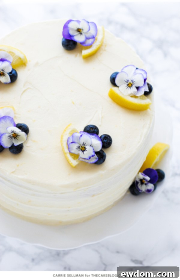 Lemon Blueberry Bliss 3 A beautifully presented Lemon Blueberry Cake with distinct layers of cake, fresh blueberries, and creamy lemon frosting.