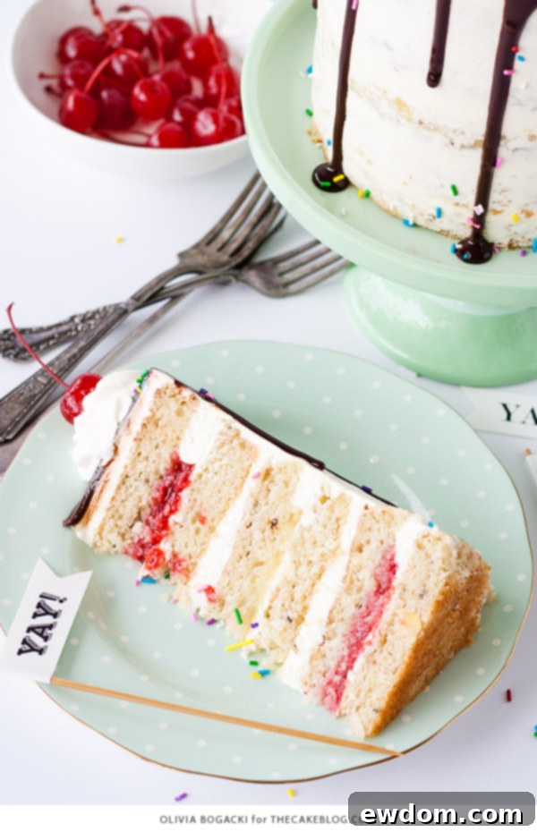 Ultimate Banana Split Cake 11 Another beautiful perspective of the Banana Split Layer Cake, ready to be served and enjoyed by guests | by Olivia Bogacki for TheCakeBlog.com