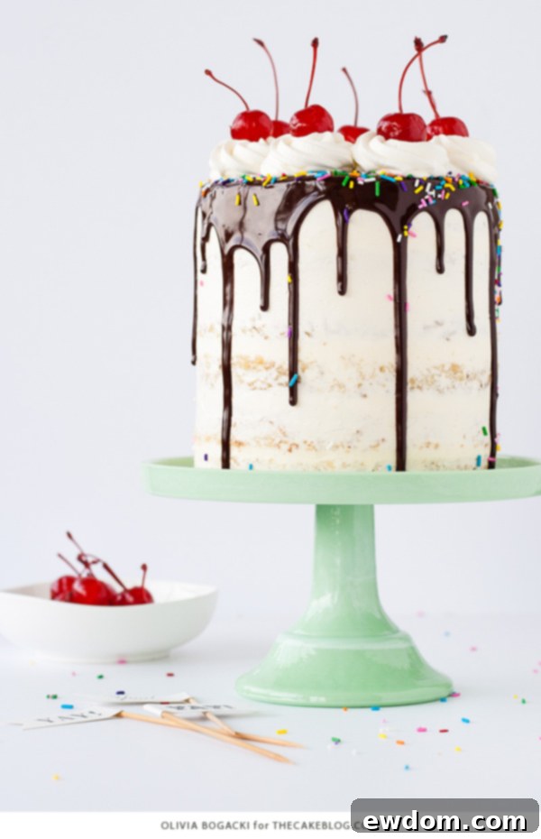 Ultimate Banana Split Cake 3 Banana Split Cake, a rich layer cake recipe inspired by the beloved ice cream dessert, perfect for summer celebrations | by Olivia Bogacki for TheCakeBlog.com