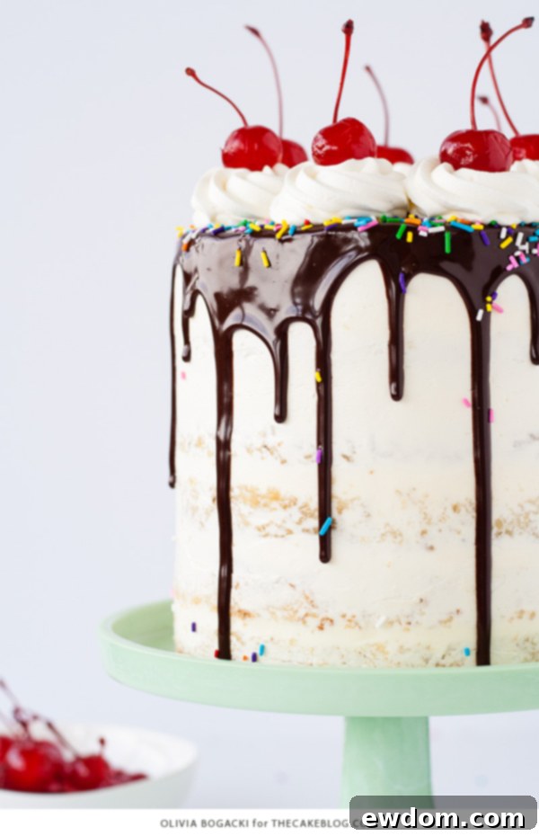 Ultimate Banana Split Cake 5 Close-up of a slice of Banana Split Cake showing perfect layers of banana cake, buttercream, fruit fillings, and ganache | by Olivia Bogacki for TheCakeBlog.com