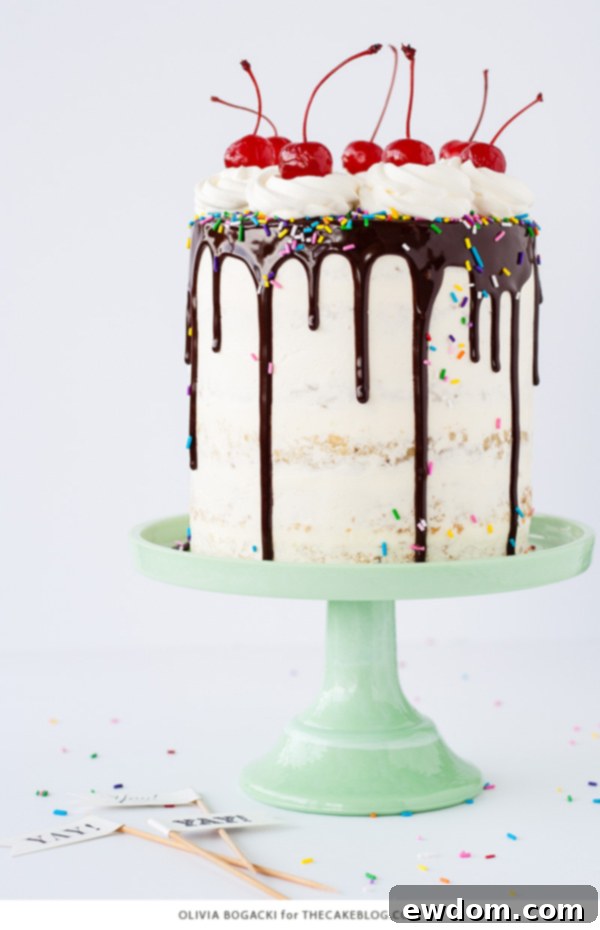 Ultimate Banana Split Cake 8 Overhead view of the beautiful Banana Split Cake with all its toppings, a perfect dessert centerpiece | by Olivia Bogacki for TheCakeBlog.com