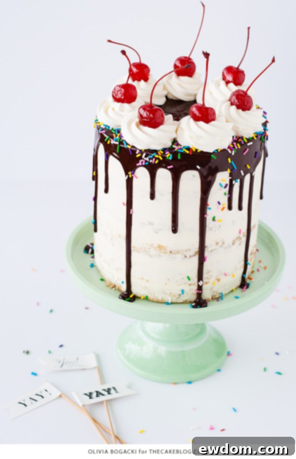 Ultimate Banana Split Cake 10 A stunning shot of a finished Banana Split Cake, showcasing its vibrant colors and delicious textures | by Olivia Bogacki for TheCakeBlog.com