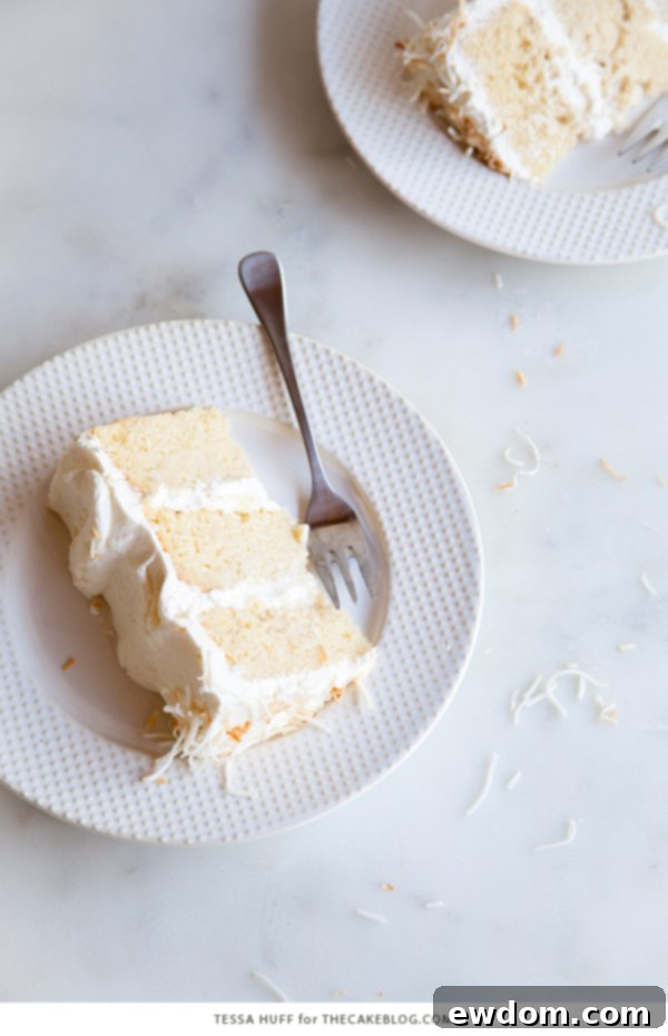 Tropical Coconut Tres Leches Cake 9 Overhead view of the Coconut Tres Leches Cake, highlighting the beautiful swirls of whipped cream and the generous topping of toasted coconut, by Tessa Huff