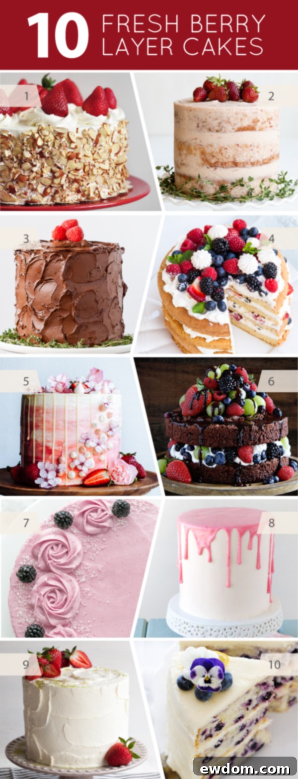 10 Luscious Berry Layer Cake Creations 2 A vibrant display of 10 different fresh berry layer cakes, showcasing strawberries, raspberries, blueberries, and blackberries, perfect for summer dessert inspiration.