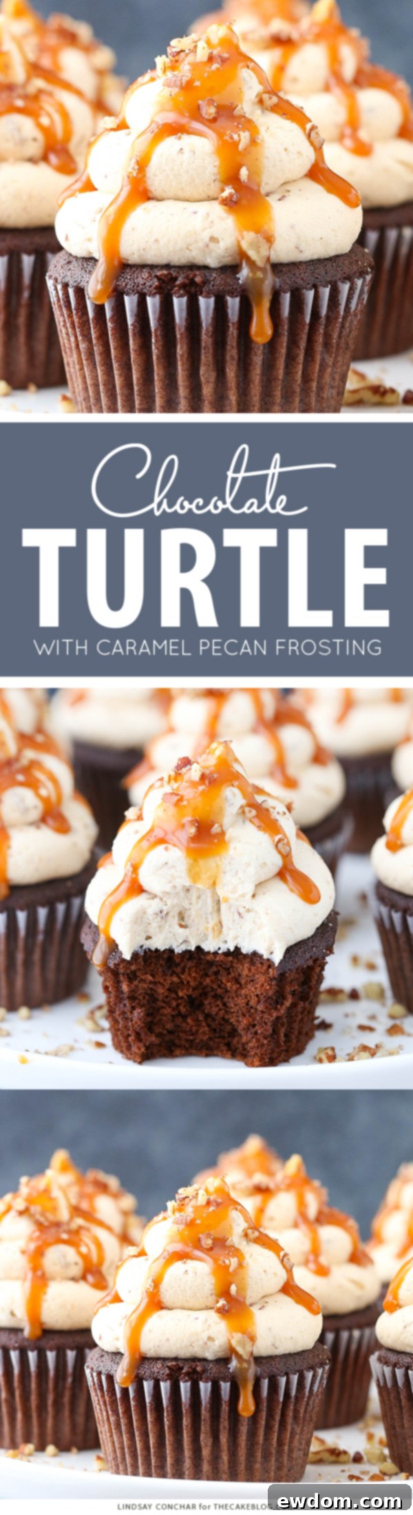 Gooey Chocolate Caramel Pecan Cupcakes 2 Chocolate Turtle Cupcakes - from scratch recipe for rich chocolate cupcakes with caramel pecan frosting, caramel drizzle and chopped pecans | by Lindsay Conchar for TheCakeBlog.com