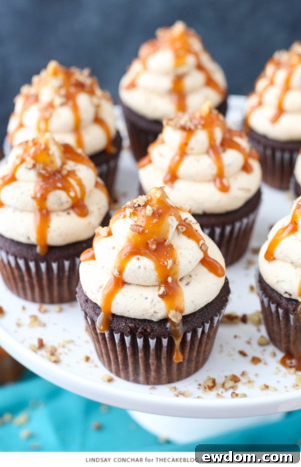 Gooey Chocolate Caramel Pecan Cupcakes 4 Chocolate Turtle Cupcakes - from scratch recipe for rich chocolate cupcakes with caramel pecan frosting, caramel drizzle and chopped pecans | by Lindsay Conchar for TheCakeBlog.com