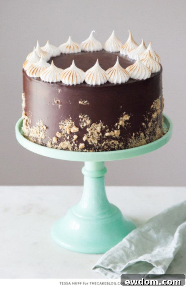 S'mores Cake - s'more inspired layer cake recipe with chocolate cake, graham cracker buttercream, chocolate ganache and toasted marshmallow meringue | by Tessa Huff for TheCakeBlog.com