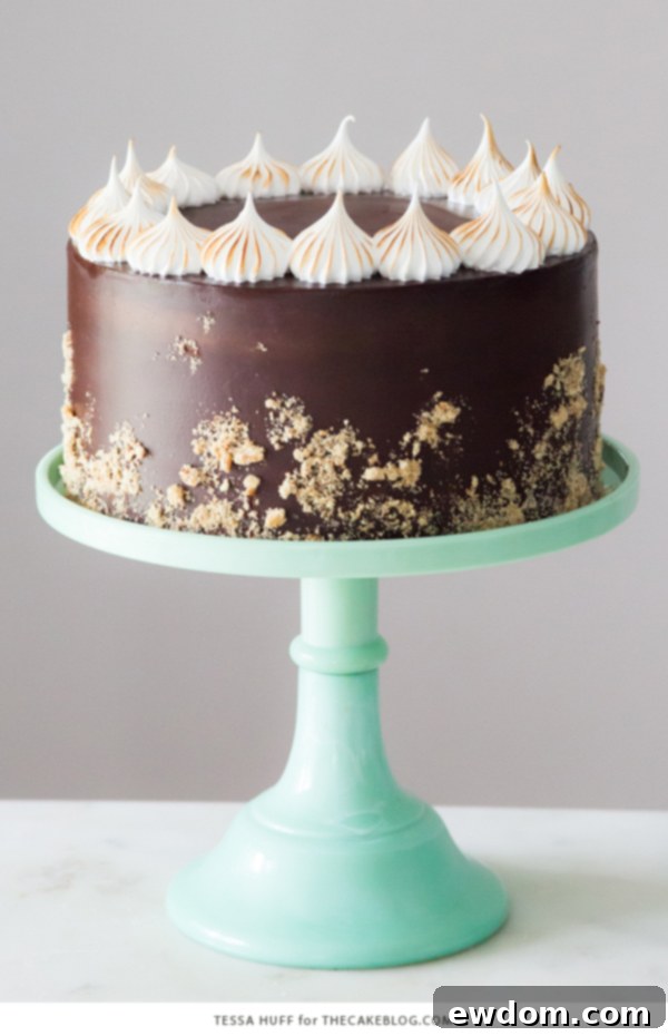 S'mores Cake - s'more inspired layer cake recipe with chocolate cake, graham cracker buttercream, chocolate ganache and toasted marshmallow meringue | by Tessa Huff for TheCakeBlog.com