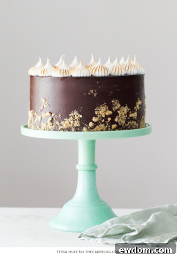 S'mores Cake - s'more inspired layer cake recipe with chocolate cake, graham cracker buttercream, chocolate ganache and toasted marshmallow meringue | by Tessa Huff for TheCakeBlog.com